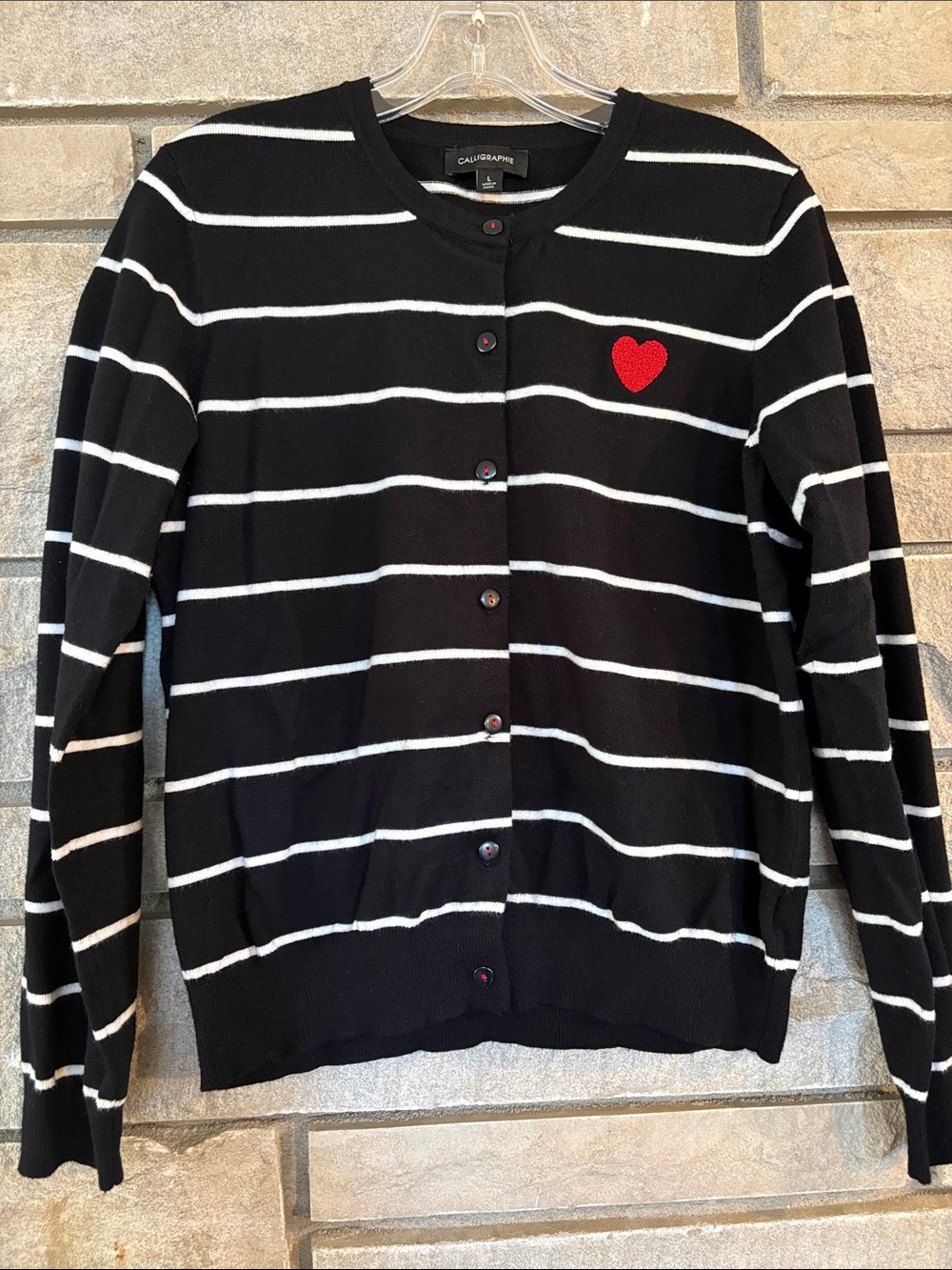 Calligraphe Black Striped Cardigan with Red Heart Accent